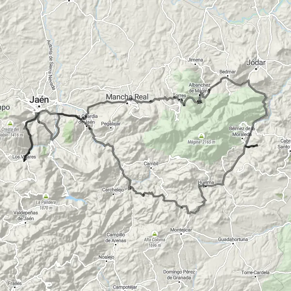 Miniaturekort af cykelinspirationen "Bakketoppe i Sierra Mágina" i Andalucía, Spain. Genereret af Tarmacs.app cykelruteplanlægger