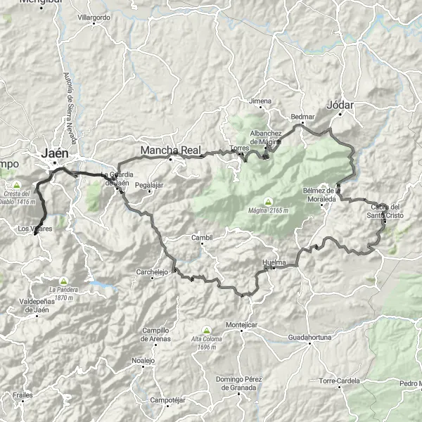 Miniatura mapy "Ekstremalna przejażdżka szosowa przez Cerro de las Canteras i Puente Jontoya" - trasy rowerowej w Andalucía, Spain. Wygenerowane przez planer tras rowerowych Tarmacs.app