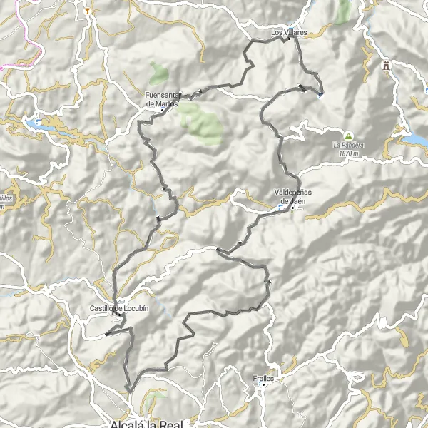 Miniatua del mapa de inspiración ciclista "Ruta de Carretera desde Valdepeñas de Jaén a Los Villares" en Andalucía, Spain. Generado por Tarmacs.app planificador de rutas ciclistas