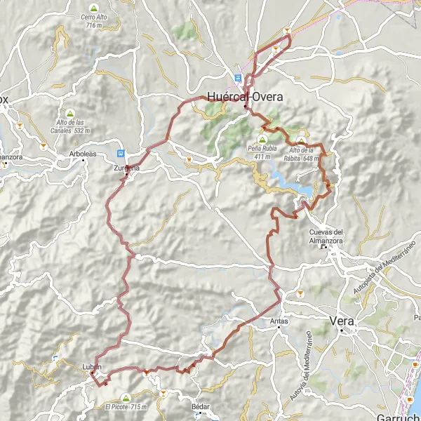 Miniatura della mappa di ispirazione al ciclismo "Gran tour di 96 km di ciclismo su sterrato" nella regione di Andalucía, Spain. Generata da Tarmacs.app, pianificatore di rotte ciclistiche
