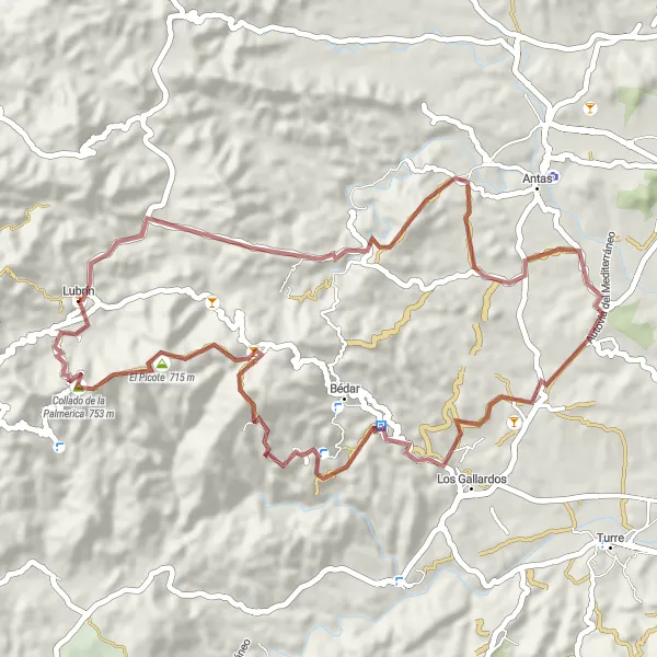 Miniature de la carte de l'inspiration cycliste "Les collines de Lubrín en gravier" dans la Andalucía, Spain. Générée par le planificateur d'itinéraire cycliste Tarmacs.app