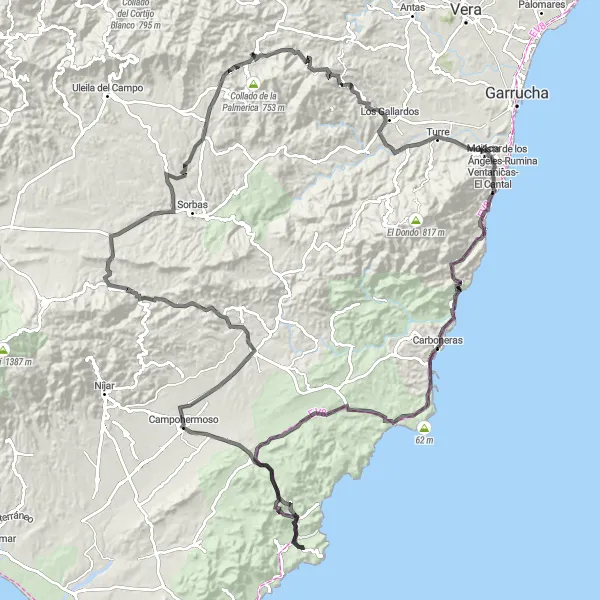 Miniatuurkaart van de fietsinspiratie "Epische rit naar Góchar door Carboneras en Lucainena de las Torres" in Andalucía, Spain. Gemaakt door de Tarmacs.app fietsrouteplanner