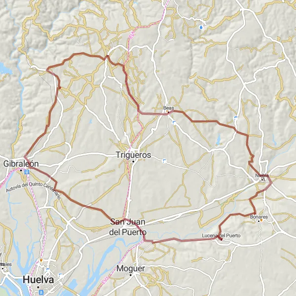 Miniaturní mapa "Gravel cyklistická trasa okolo Luceny del Puerto" inspirace pro cyklisty v oblasti Andalucía, Spain. Vytvořeno pomocí plánovače tras Tarmacs.app