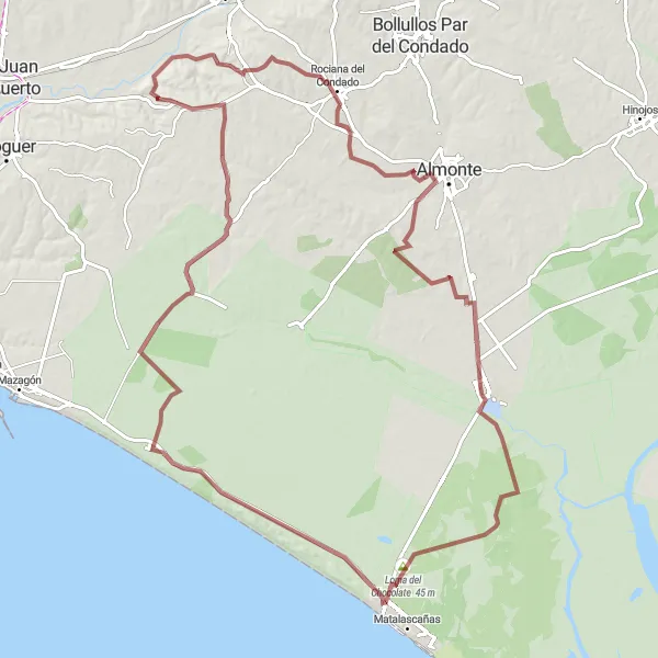 Miniaturní mapa "Gravelový okruh kolem Rociana del Condado" inspirace pro cyklisty v oblasti Andalucía, Spain. Vytvořeno pomocí plánovače tras Tarmacs.app