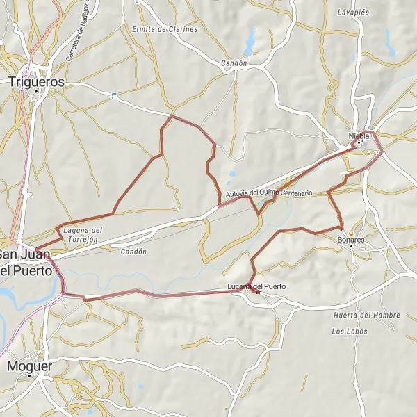 Miniaturní mapa "Gravel cyklistická trasa pro začátečníky kolem Luceny del Puerto" inspirace pro cyklisty v oblasti Andalucía, Spain. Vytvořeno pomocí plánovače tras Tarmacs.app