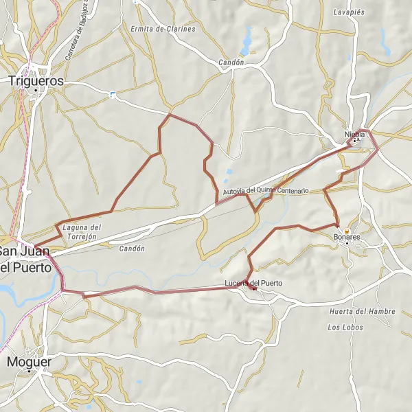 Miniatuurkaart van de fietsinspiratie "Avontuurlijke Graveltocht naar Castillo de Niebla" in Andalucía, Spain. Gemaakt door de Tarmacs.app fietsrouteplanner