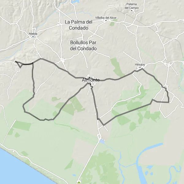 Miniatura della mappa di ispirazione al ciclismo "Giro in bicicletta Lucena del Puerto - Almonte - Villamanrique de la Condesa" nella regione di Andalucía, Spain. Generata da Tarmacs.app, pianificatore di rotte ciclistiche