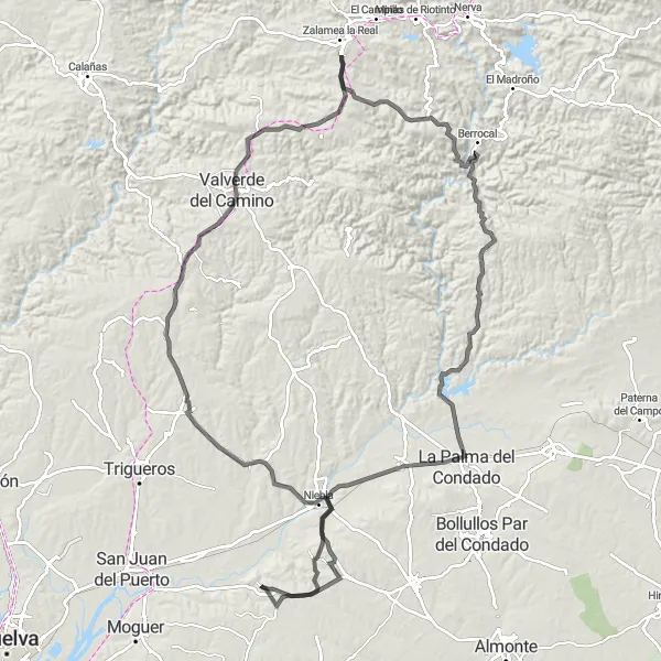 Miniatura della mappa di ispirazione al ciclismo "Giro in bicicletta Bonares - Valverde del Camino - La Palma del Condado" nella regione di Andalucía, Spain. Generata da Tarmacs.app, pianificatore di rotte ciclistiche