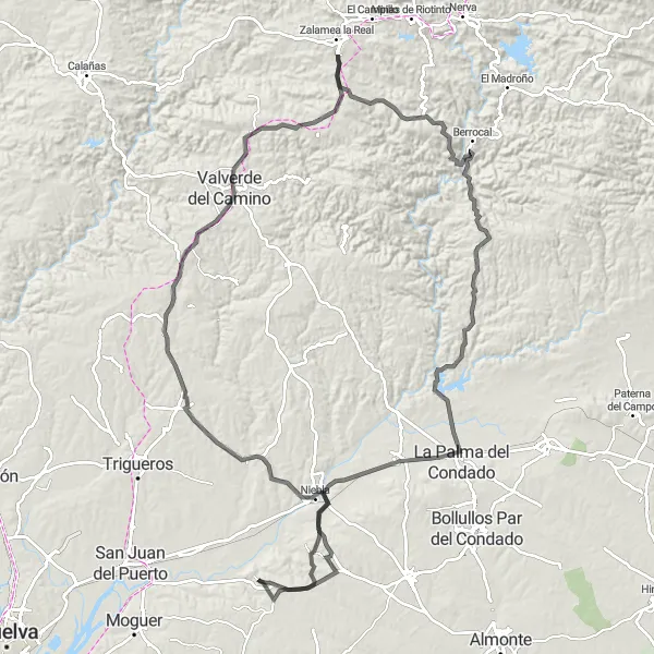 Miniatuurkaart van de fietsinspiratie "Wegroute naar Valverde del Camino" in Andalucía, Spain. Gemaakt door de Tarmacs.app fietsrouteplanner