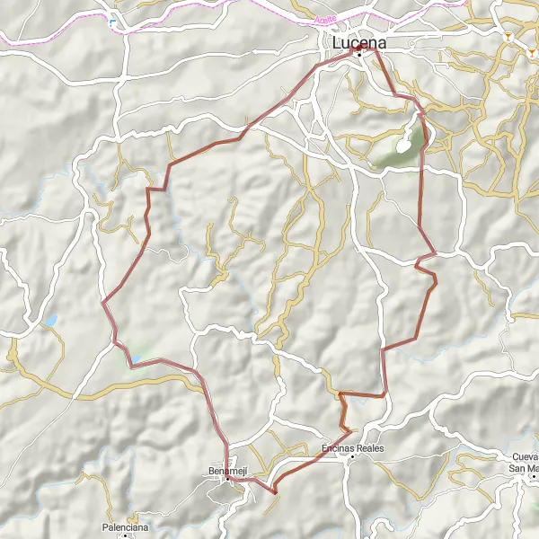 Miniatura della mappa di ispirazione al ciclismo "Esplorazione Gravel da Castillo del Moral a Benamejí" nella regione di Andalucía, Spain. Generata da Tarmacs.app, pianificatore di rotte ciclistiche