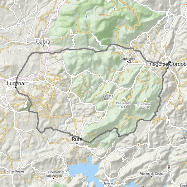 Miniaturní mapa "Výlet na kole Lucena - Priego de Córdoba" inspirace pro cyklisty v oblasti Andalucía, Spain. Vytvořeno pomocí plánovače tras Tarmacs.app