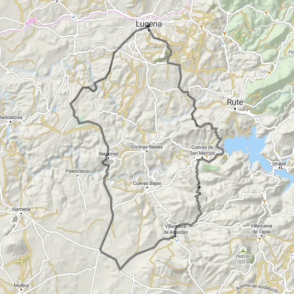 Map miniature of "Cuevas de San Marcos Challenge" cycling inspiration in Andalucía, Spain. Generated by Tarmacs.app cycling route planner