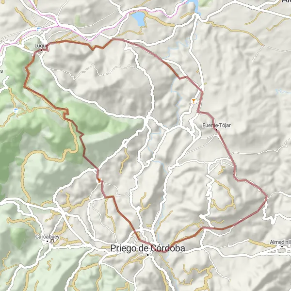 Map miniature of "Gravel Adventure in Luque" cycling inspiration in Andalucía, Spain. Generated by Tarmacs.app cycling route planner
