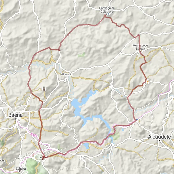 Miniature de la carte de l'inspiration cycliste "Découverte de Santiago de Calatrava" dans la Andalucía, Spain. Générée par le planificateur d'itinéraire cycliste Tarmacs.app