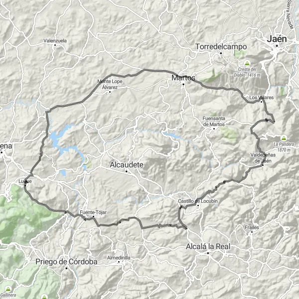 Miniature de la carte de l'inspiration cycliste "Le Tour des Châteaux et des Miradors" dans la Andalucía, Spain. Générée par le planificateur d'itinéraire cycliste Tarmacs.app