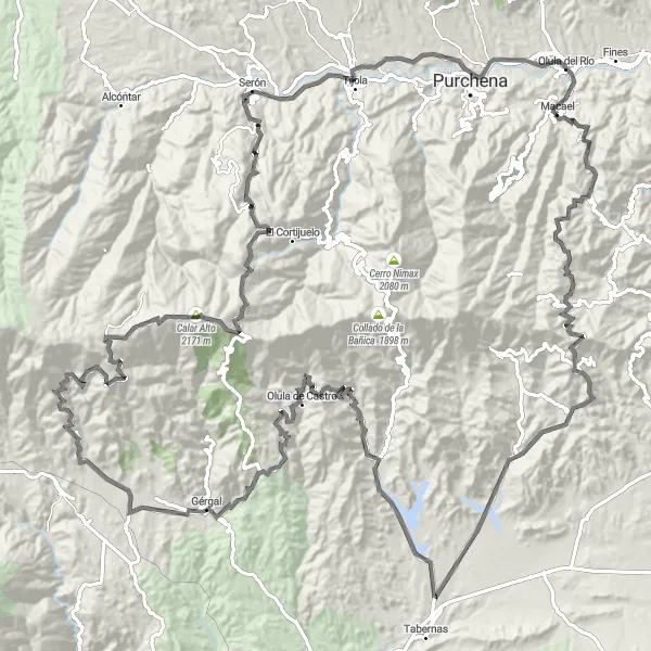 Miniature de la carte de l'inspiration cycliste "La Route des Montagnes d'Almería" dans la Andalucía, Spain. Générée par le planificateur d'itinéraire cycliste Tarmacs.app