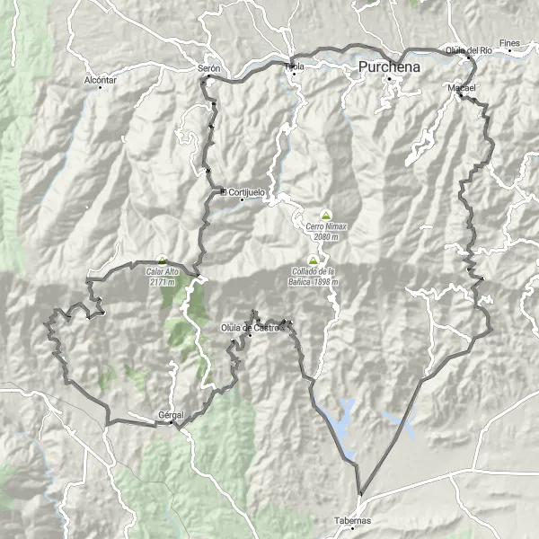 Miniaturní mapa "Náročná silniční cyklotrasa kolem Macaelu" inspirace pro cyklisty v oblasti Andalucía, Spain. Vytvořeno pomocí plánovače tras Tarmacs.app