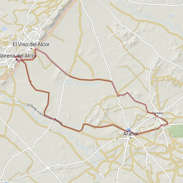 Miniatura della mappa di ispirazione al ciclismo "Gravel Route from Mairena del Alcor" nella regione di Andalucía, Spain. Generata da Tarmacs.app, pianificatore di rotte ciclistiche