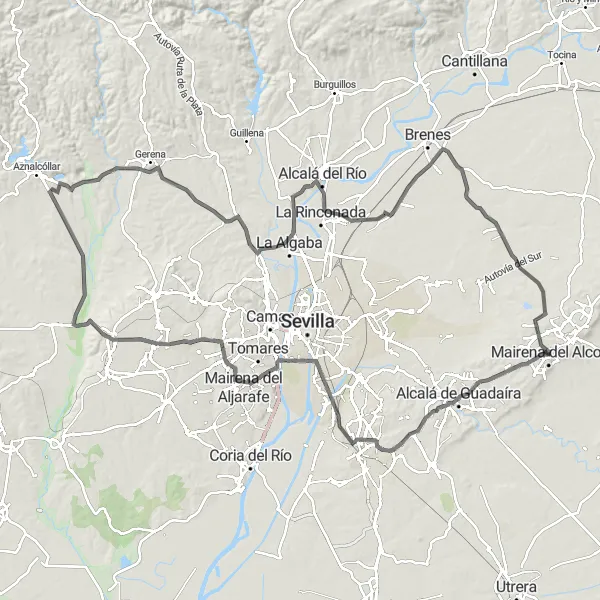 Miniaturní mapa "Okružní cyklistická trasa z Mairena del Alcor" inspirace pro cyklisty v oblasti Andalucía, Spain. Vytvořeno pomocí plánovače tras Tarmacs.app