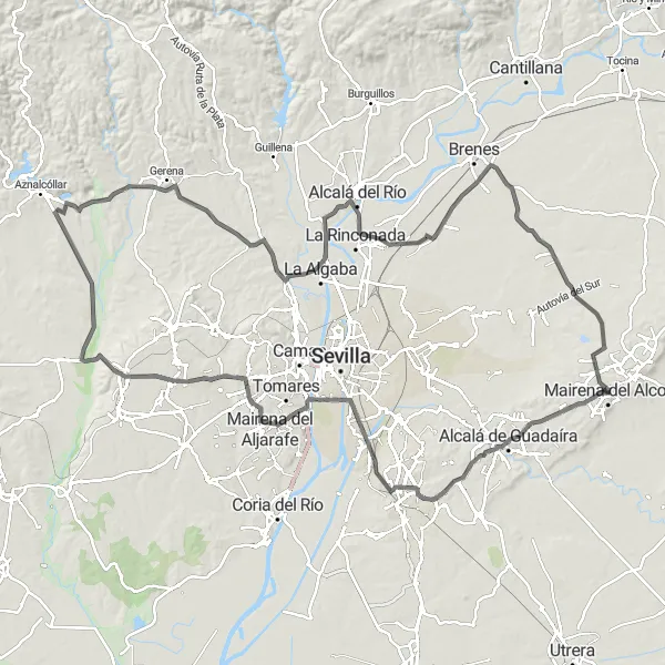 Map miniature of "Alcalá de Guadaíra Adventure" cycling inspiration in Andalucía, Spain. Generated by Tarmacs.app cycling route planner