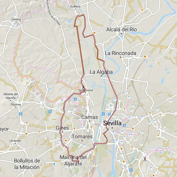 Miniatua del mapa de inspiración ciclista "Ruta por caminos de tierra desde Mairena del Aljarafe" en Andalucía, Spain. Generado por Tarmacs.app planificador de rutas ciclistas