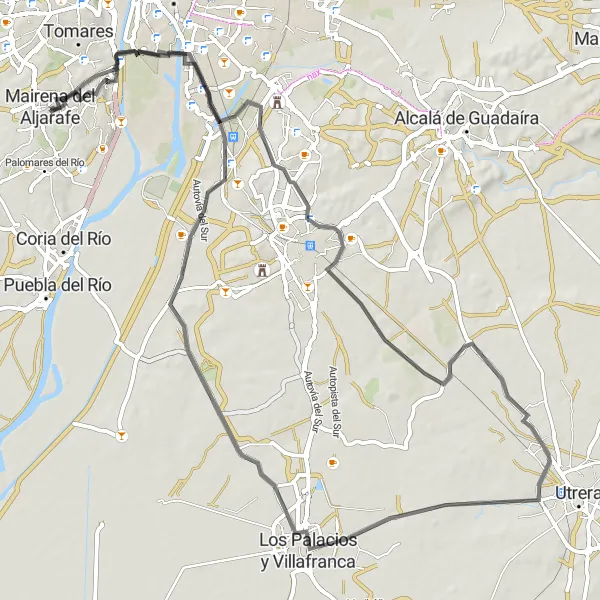 Miniatura della mappa di ispirazione al ciclismo "Tour su Strada da San Juan de Aznalfarache" nella regione di Andalucía, Spain. Generata da Tarmacs.app, pianificatore di rotte ciclistiche