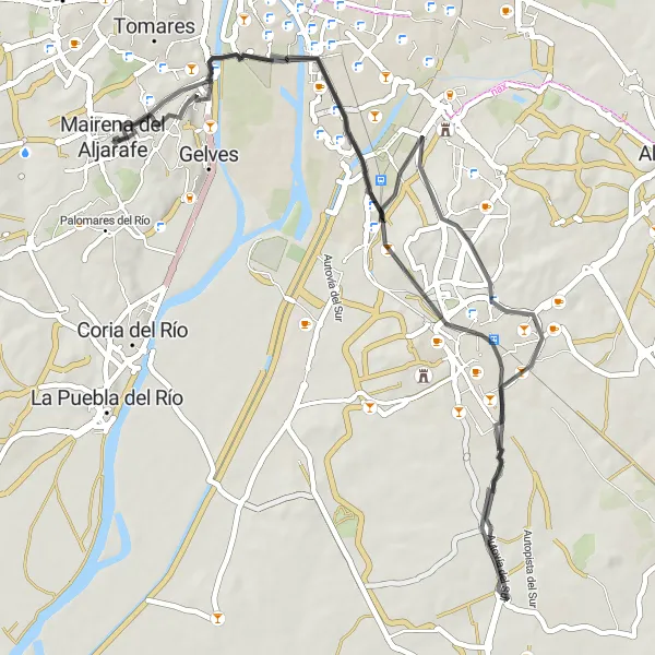 Miniature de la carte de l'inspiration cycliste "Parcours cycliste de 67 km près de Mairena del Aljarafe" dans la Andalucía, Spain. Générée par le planificateur d'itinéraire cycliste Tarmacs.app