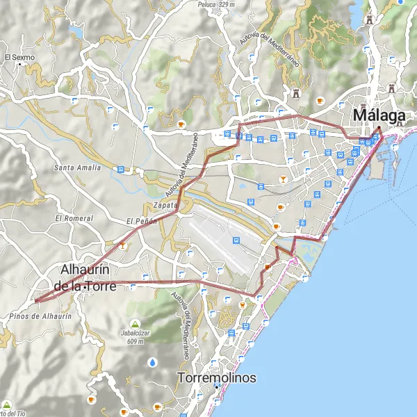 Miniatura della mappa di ispirazione al ciclismo "Scenic Gravel Route through Churriana and Alhaurín de la Torre" nella regione di Andalucía, Spain. Generata da Tarmacs.app, pianificatore di rotte ciclistiche
