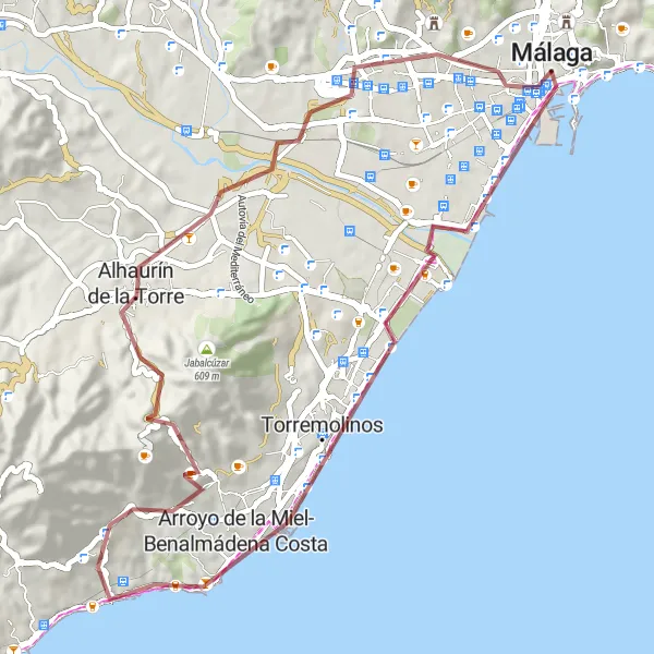 Miniatua del mapa de inspiración ciclista "Ruta en bicicleta gravel cerca de Málaga" en Andalucía, Spain. Generado por Tarmacs.app planificador de rutas ciclistas
