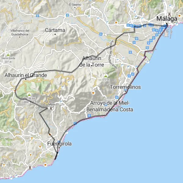 Miniaturní mapa "Cyklistický výlet k Alhaurín el Grande" inspirace pro cyklisty v oblasti Andalucía, Spain. Vytvořeno pomocí plánovače tras Tarmacs.app