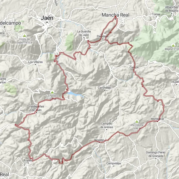 Miniature de la carte de l'inspiration cycliste "Epic Gravel Tour to Valdepeñas de Jaén" dans la Andalucía, Spain. Générée par le planificateur d'itinéraire cycliste Tarmacs.app