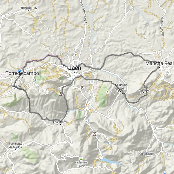 Miniature de la carte de l'inspiration cycliste "Parcours cycliste sur route près de Mancha Real" dans la Andalucía, Spain. Générée par le planificateur d'itinéraire cycliste Tarmacs.app