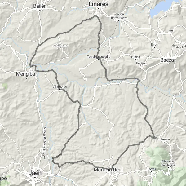 Miniature de la carte de l'inspiration cycliste "Itinéraire cycliste à travers la campagne andalouse" dans la Andalucía, Spain. Générée par le planificateur d'itinéraire cycliste Tarmacs.app