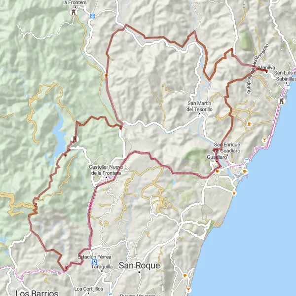 Map miniature of "Manilva - Guadiaro - Castellar Nuevo de la Frontera - Manilva" cycling inspiration in Andalucía, Spain. Generated by Tarmacs.app cycling route planner