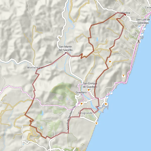 Map miniature of "Manilva - San Enrique de Guadiaro - Sotogrande - Montenegral - Manilva" cycling inspiration in Andalucía, Spain. Generated by Tarmacs.app cycling route planner