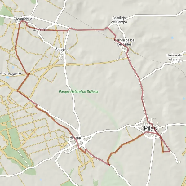Karten-Miniaturansicht der Radinspiration "Rundtour von Manzanilla nach Hinojos" in Andalucía, Spain. Erstellt vom Tarmacs.app-Routenplaner für Radtouren