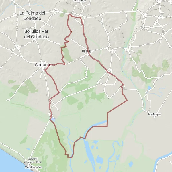 Miniaturní mapa "Gravelový okruh okolo Manzanilly" inspirace pro cyklisty v oblasti Andalucía, Spain. Vytvořeno pomocí plánovače tras Tarmacs.app