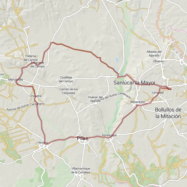 Miniature de la carte de l'inspiration cycliste "Tour des Marais de Manzanilla" dans la Andalucía, Spain. Générée par le planificateur d'itinéraire cycliste Tarmacs.app