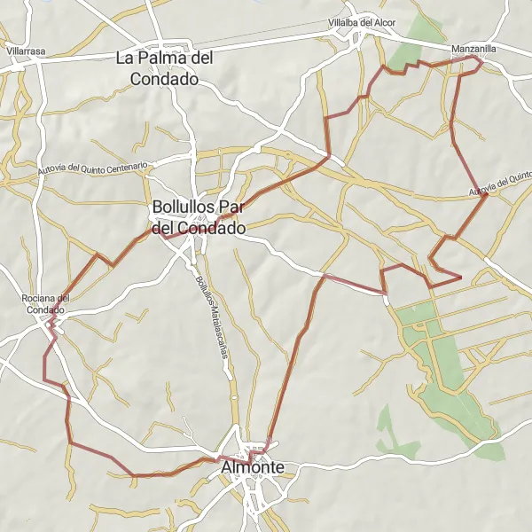 Karten-Miniaturansicht der Radinspiration "Gravelabenteuer von Manzanilla nach Bollullos Par del Condado" in Andalucía, Spain. Erstellt vom Tarmacs.app-Routenplaner für Radtouren