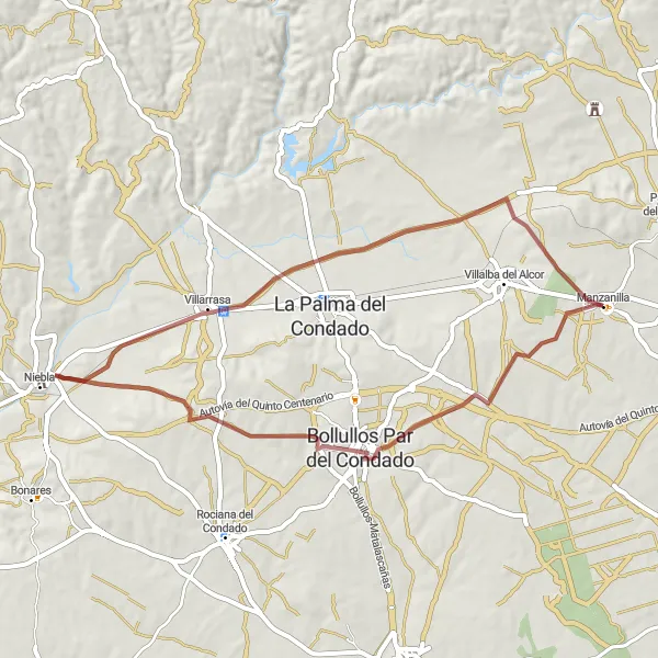 Karten-Miniaturansicht der Radinspiration "Erkundungstour von Manzanilla nach Villarrasa" in Andalucía, Spain. Erstellt vom Tarmacs.app-Routenplaner für Radtouren