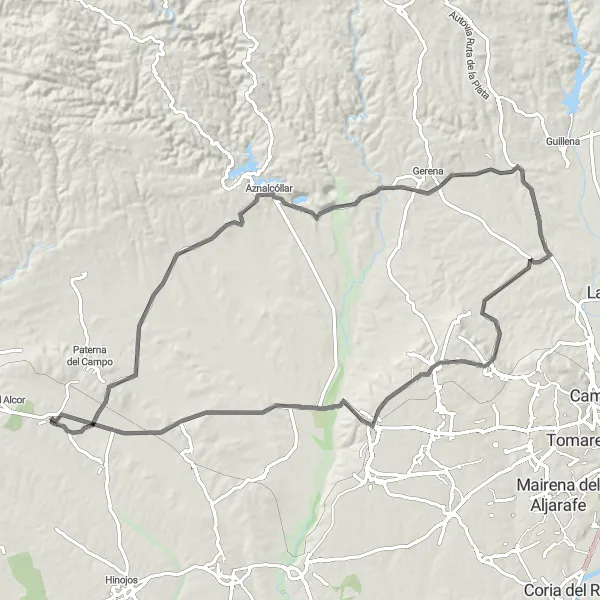 Miniaturní mapa "Okruh kolem Manzanilly" inspirace pro cyklisty v oblasti Andalucía, Spain. Vytvořeno pomocí plánovače tras Tarmacs.app