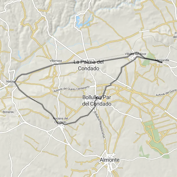 Karten-Miniaturansicht der Radinspiration "Rundtour von Manzanilla nach Villarrasa" in Andalucía, Spain. Erstellt vom Tarmacs.app-Routenplaner für Radtouren