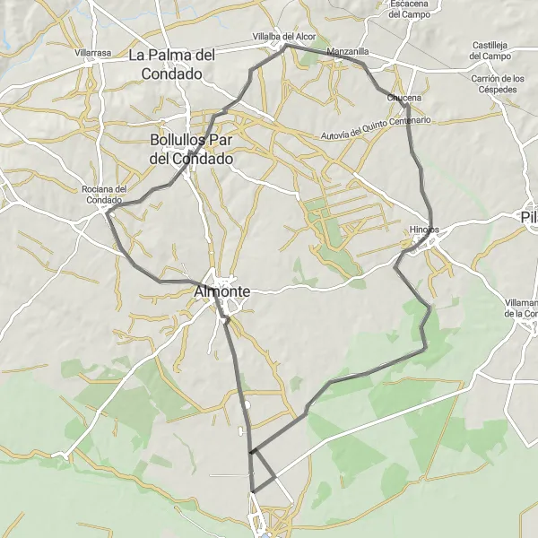 Miniaturní mapa "Kolem Manzanilly na silnici" inspirace pro cyklisty v oblasti Andalucía, Spain. Vytvořeno pomocí plánovače tras Tarmacs.app