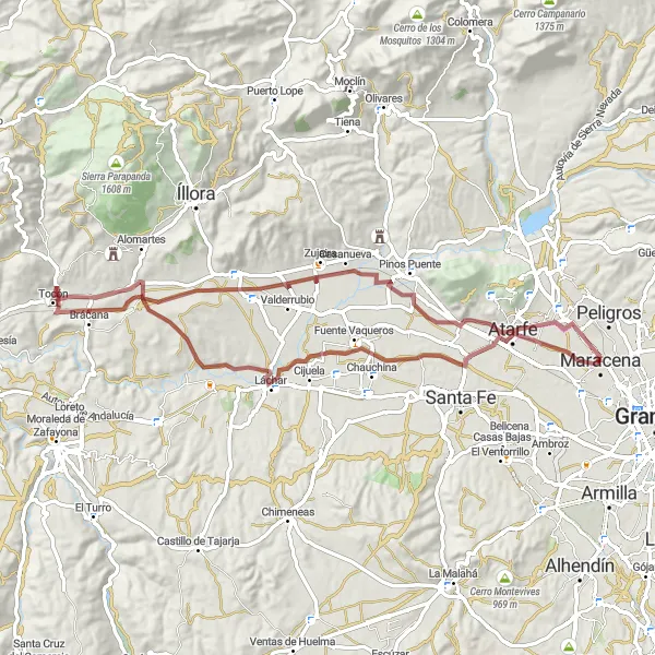 Miniature de la carte de l'inspiration cycliste "Parcours rural autour de Maracena" dans la Andalucía, Spain. Générée par le planificateur d'itinéraire cycliste Tarmacs.app