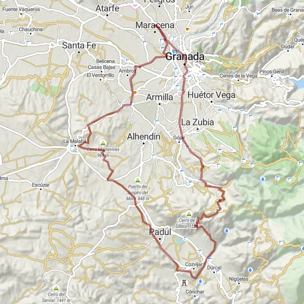 Map miniature of "Scenic Gravel Ride to Gabia Grande" cycling inspiration in Andalucía, Spain. Generated by Tarmacs.app cycling route planner