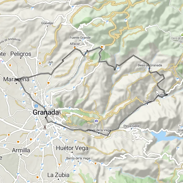 Map miniature of "Maracena to Granada Loop" cycling inspiration in Andalucía, Spain. Generated by Tarmacs.app cycling route planner