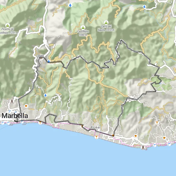 Map miniature of "Marbella-Guaro-Marbella" cycling inspiration in Andalucía, Spain. Generated by Tarmacs.app cycling route planner