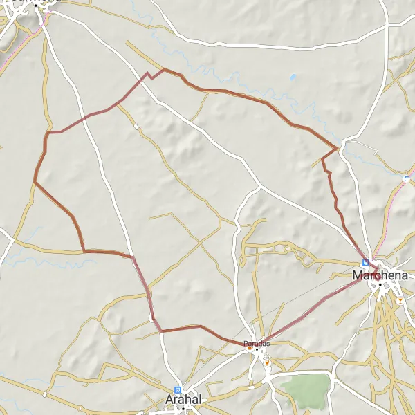 Miniatura della mappa di ispirazione al ciclismo "La natura incantata di Marchena" nella regione di Andalucía, Spain. Generata da Tarmacs.app, pianificatore di rotte ciclistiche
