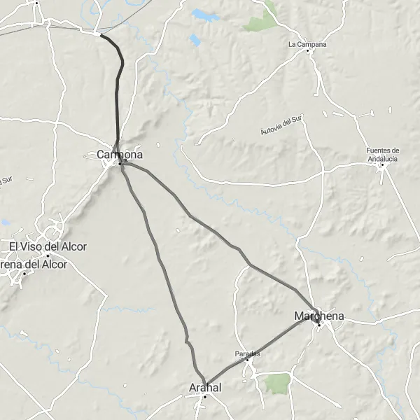 Miniature de la carte de l'inspiration cycliste "Route de Carmona" dans la Andalucía, Spain. Générée par le planificateur d'itinéraire cycliste Tarmacs.app