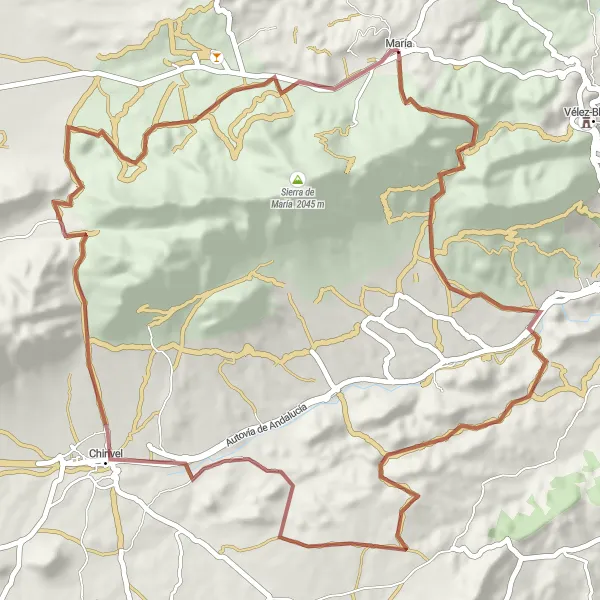 Miniatura della mappa di ispirazione al ciclismo "Esplorazione in mountain bike verso Chirivel" nella regione di Andalucía, Spain. Generata da Tarmacs.app, pianificatore di rotte ciclistiche
